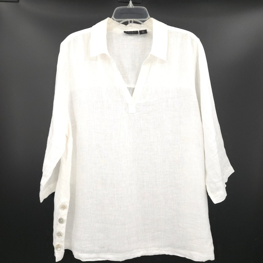 Tahari Linen Tunic Top Women 1X White Side Button V-Neck 3/4 Sleeve Blouse